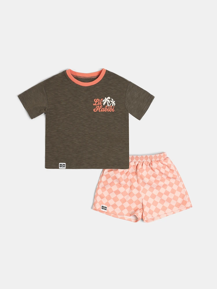 Boys Summer Co-Ord Set Lil Habibi Graphic Tee With Checkerboard Shorts Crew Neck Short Sleeve Two-Piece Outfit