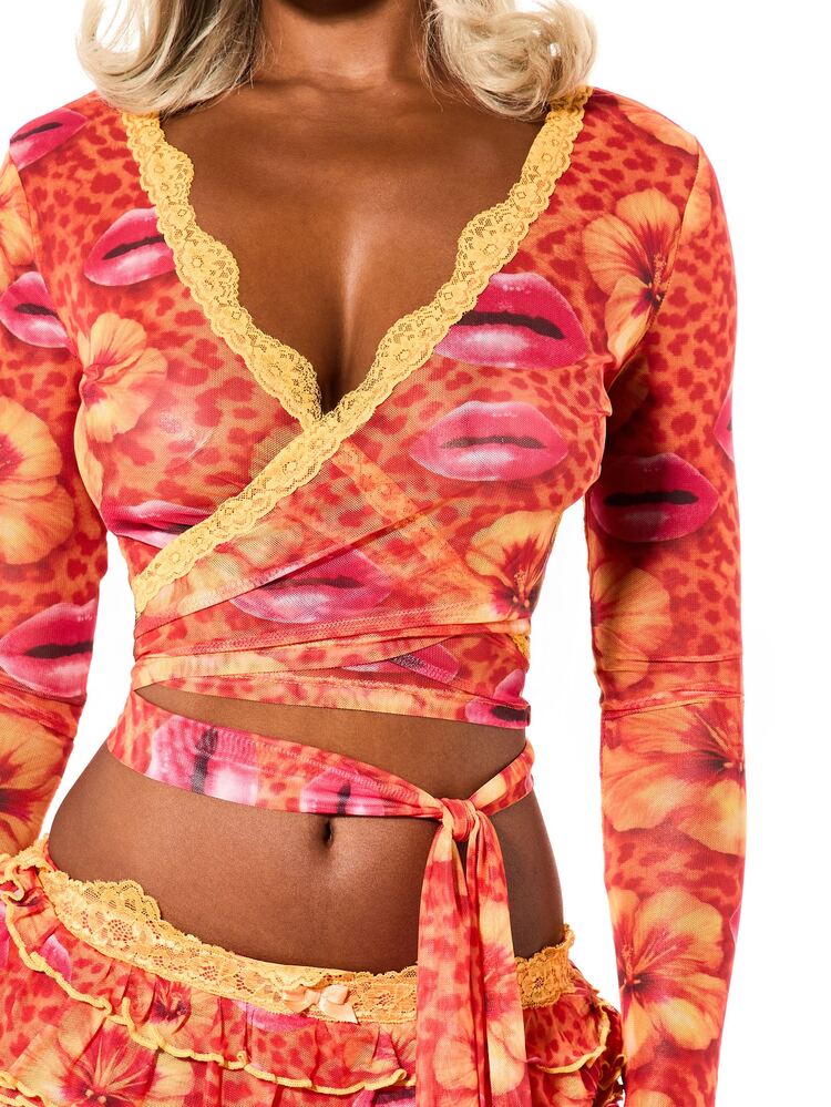 SUMWON WOMEN Abstract Animal Print Mesh Lace Trim Long Sleeve Wrap Crop Top With Deep V-Neckline And Tie Detail