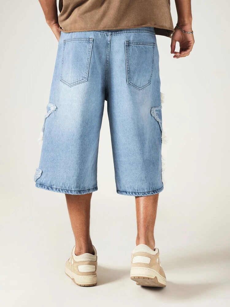 Star Patch Distressed Denim Jorts Wide Leg Baggy Shorts With Frayed Star Applique Summer Street Style