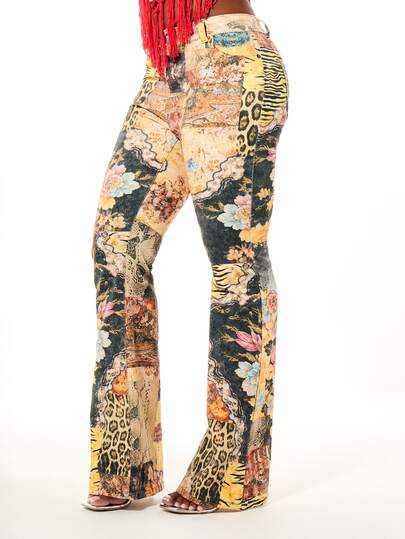 SUMWON WOMEN Vintage Collage Print Slim Flare Jeans Mixed Animal Floral Patchwork Denim High Rise Bell Bottom Festival Pants