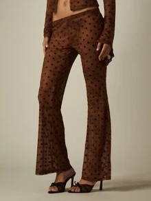 MISSGUIDED 波点网纱透视长袖露脐上衣和喇叭裤沙滩套装 - 棕色 - 查看 5