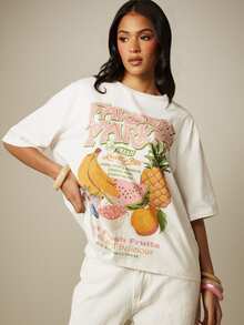 MISSGUIDED Bauernmarkt Grafik-Muster oversized, rechteckige Crew-Neck Kurzarm Casual Sommer T-Shirt - Weiss - Übersicht 5