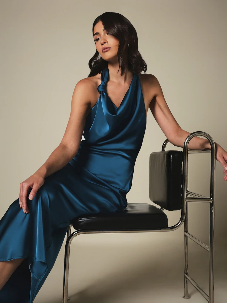 KSTM Satin Cowl Neck Halter Maxi Dress With Open Back Slip Style Bodycon Silhouette Evening Formal Occasion