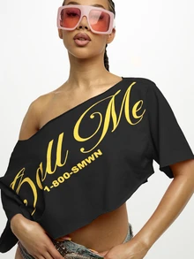 SUMWON WOMEN Cropped Off-Shoulder Graphic Tee With Bold Script Print And Short Sleeve Festival Style Top - Black - View 6