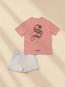 SUMWON Gothic S Logo Crew Neck Short Sleeve Tee And Shorts Co-Ord Set For Tweens Summer Casual Outfit - Dusty Pink - View 1