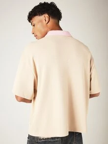 SUMWON Oversized Waffle Knit Polo Shirt With Contrast Pink Collar Chest Pocket And Short Sleeves Summer Casual Top - Khaki - View 2