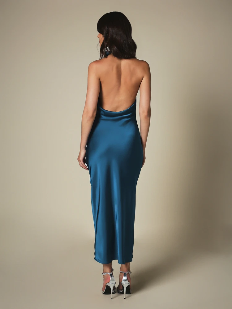 KSTM Satin Cowl Neck Halter Maxi Dress With Open Back Slip Style Bodycon Silhouette Evening Formal Occasion