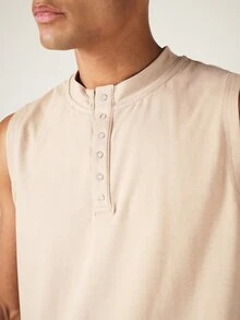 SUMWON Áo tank top Henley không tay với hàng cúc bấm và cổ áo đứng, thích hợp mặc thường ngày vào mùa hè. - Màu Khaki - Xem 5