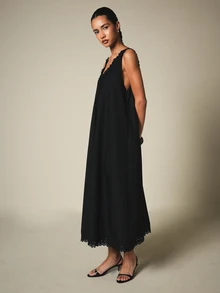 KSTM Sleeveless Maxi Dress With Deep V-Neck Lace Trim And Eyelet Hem Detail For Summer Evenings - Black - View 6