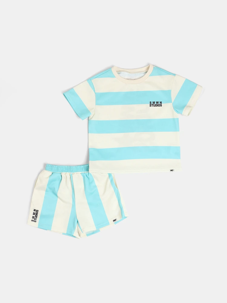 Boys Bold Stripe Co-Ord Set With Short Sleeve Tee And Elastic Waist Shorts Summer Casual Matching Outfit