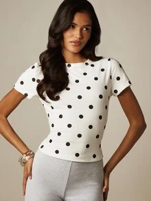 MISSGUIDED Áo thun chấm bi dáng ôm, tay ngắn, cổ tròn, co giãn, thích hợp mặc hàng ngày vào mùa hè. - Đen và trắng - Xem 5