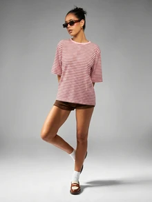 MISSGUIDED 条纹宽松圆领半袖罗纹T恤，休闲日常夏季必备单品 - 粉色 - 查看 4