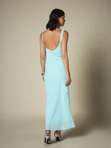 KSTM Cowl Neck One Shoulder Maxi Dress Sleeveless Bodycon Slip Formal Evening Gown Wedding Guest Summer - Blue - View 2