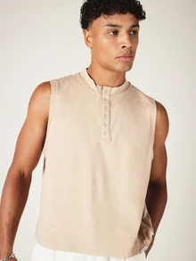 SUMWON Áo tank top Henley không tay với hàng cúc bấm và cổ áo đứng, thích hợp mặc thường ngày vào mùa hè. - Màu Khaki - Xem 4