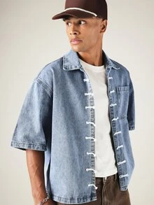 SUMWON Decorative Denim Shirt With Rope Lace-Up Front Closure Short Sleeve Oversized Boxy Fit Summer Casual - Blue - View 1
