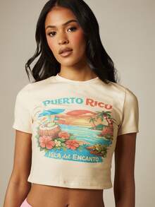MISSGUIDED Puerto Rico Isla Del Encanto Graphic Print Crop Slim Fit Tee Short Sleeve Crew Neck Vacation Summer Top - Multicolor - View 5