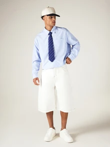 SUMWON Crop Fit Pinstripe Long Sleeve Dress Shirt With Classic Collar And Chest Pocket Spring Summer - Blue - View 3