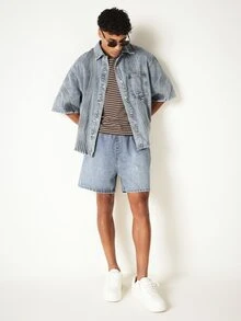 SUMWON Pull-On Denim Shorts With Elastic Waist Relaxed Fit Washed Jean Shorts For Summer Casual Wear - Light Wash - View 4
