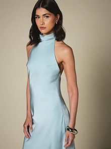 KSTM Halter Neck Backless Satin Maxi Dress With Tie Detail And Open Back For Evening And Formal Occasions - Aqua Blue - View 4