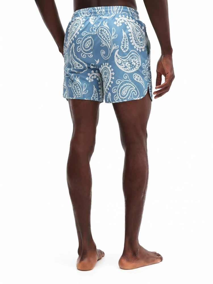 Pantaloncini da bagno con stampa paisley, orlo curvo, vita elastica e laccio, per vacanze al mare estive