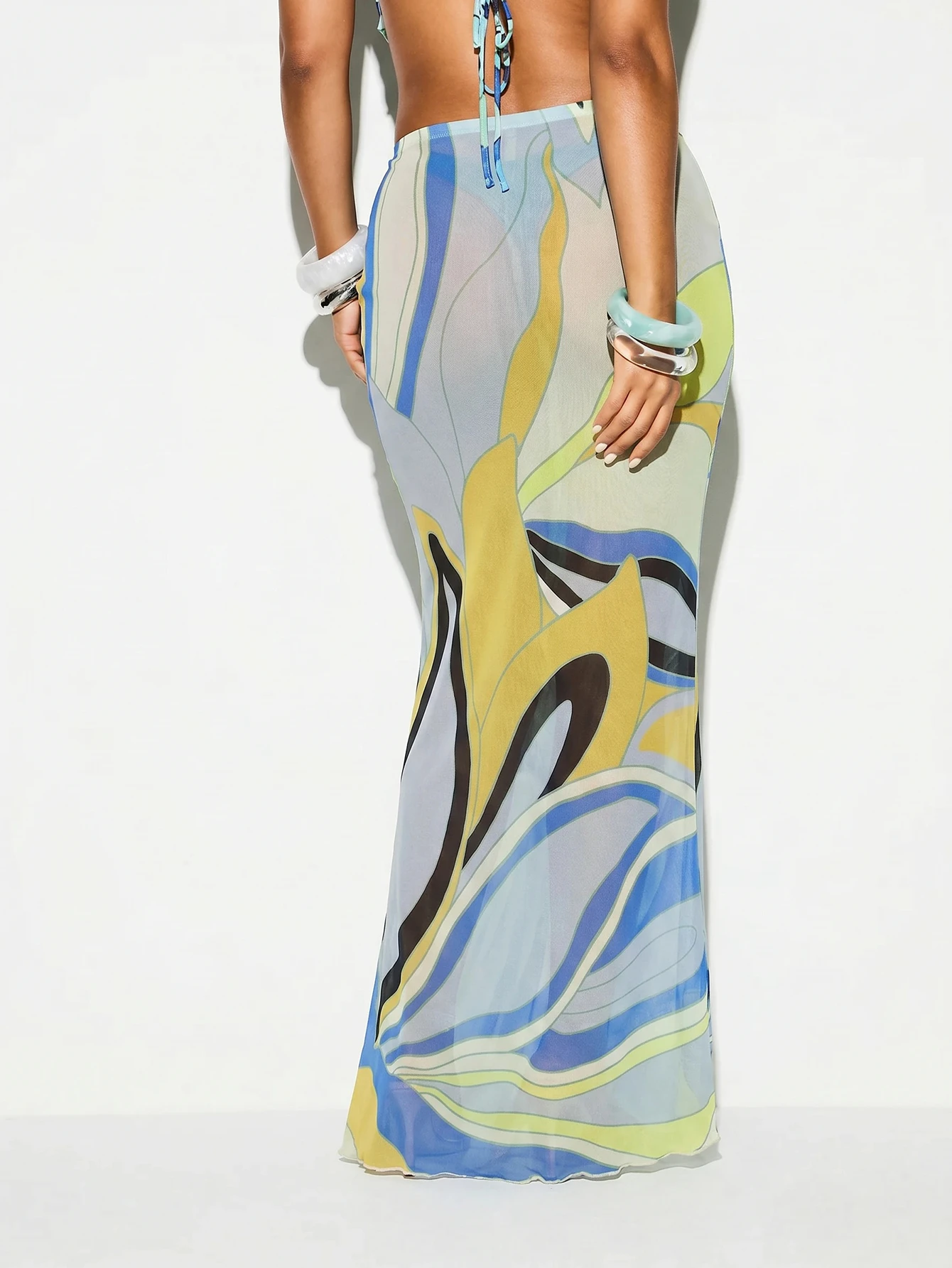 KIZN Sheer Mesh Midaxi Skirt With Abstract Swirl Print