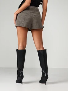 MISSGUIDED Faux Suede Tailored High Waist Mini Shorts With Front Seam Detail And Side Pockets Fall Winter - Grey - View 2