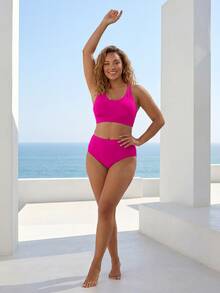 ELLERISSA Plus Size Pink High Waist Cross Strap Back Bikini Set - Pink - View 5