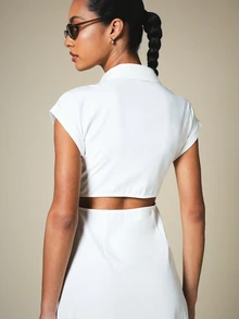 KSTM Cut-Out Back Shirt Maxi Dress With Collared Neckline Cap Sleeves Button Front Closure Summer Midi Length - White - View 7