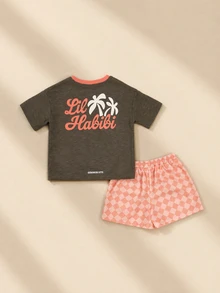 SUMWON Boys Summer Co-Ord Set Lil Habibi Graphic Tee With Checkerboard Shorts Crew Neck Short Sleeve Two-Piece Outfit - Multicolor - View 1