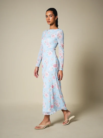 KSTM Floral Print Long Sleeve Maxi Dress Boat Neck Bodycon Mesh Spring Garden Party Wedding Guest