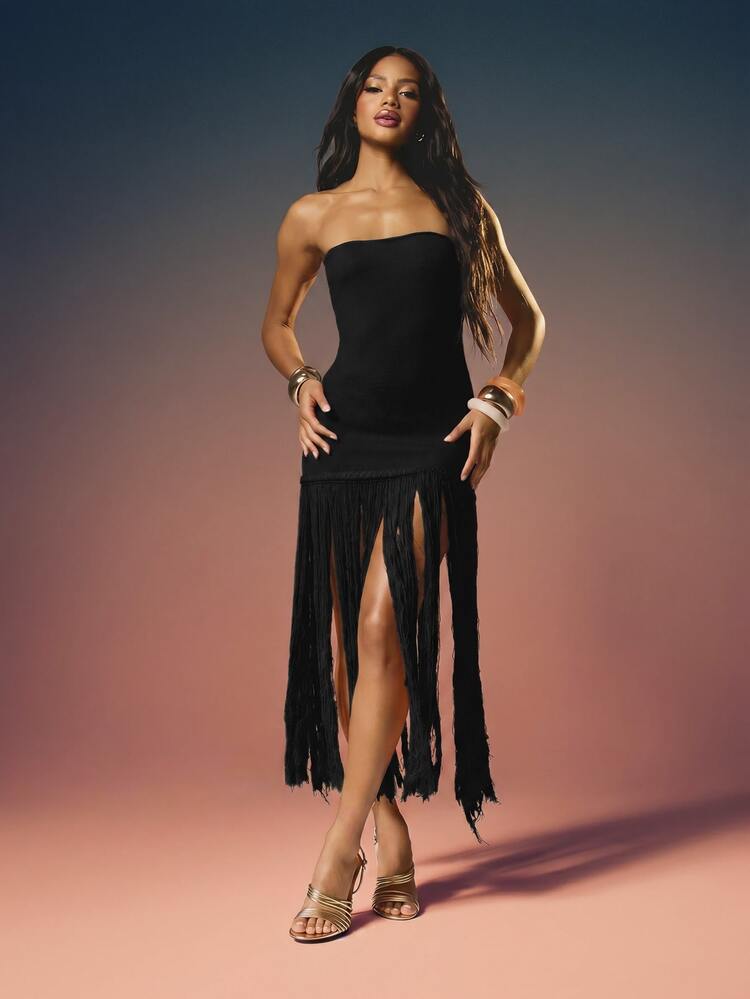 MISSGUIDED Strapless Knit Maxi Dress With Braided Trim And Long Fringe Hemline, Party Night Out