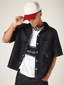 SUMWON Oversized Short Sleeve Seamed Denim Shirt With Camp Collar And Contrast Stitching Detail - Blue - View 4