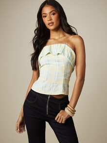 MISSGUIDED Strapless Plaid Check Bandeau Tube Top With Fold-Over Ruffle Edge Crop Top Summer Festival Style - Multicolor - View 1