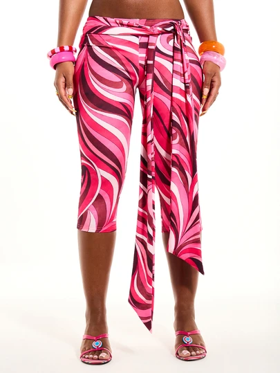 SUMWON WOMEN Paisley Swirl Print Slinky Capri Leggings With Tie Side Detail Cropped Length Low Rise Summer Festival Style