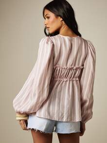 MISSGUIDED Striped Tie-Front Blouse With Ruffle Bust Overlay Puff Sleeves V-Neck Boho Chic Spring Summer Top - Pink - View 3