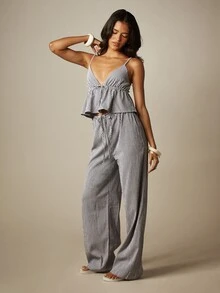 MISSGUIDED Bộ đồ hai mảnh họa tiết kẻ caro gồm áo hai dây buộc phía trước và quần ống rộng, thích hợp cho kỳ nghỉ hè. - Đen và trắng - Xem 4
