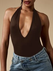 MISSGUIDED Body con cuello halter, escote pronunciado y espalda abierta, sin mangas, cierre a presión, body sin espalda - Marrón Chocolate - Ver 6