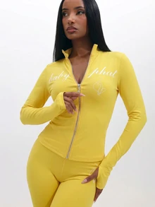 BABYPHAT 大码长袖拉链上衣，饰有品牌标志印花和高领 - 鵝黃色 - 查看 8