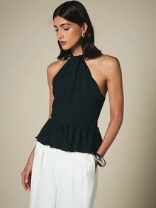 KSTM Áo peplum cổ yếm thanh lịch với phần trước chéo và sau hở có cúc cài, thích hợp cho các buổi tiệc mùa hè. - màu xanh lá - Xem 4