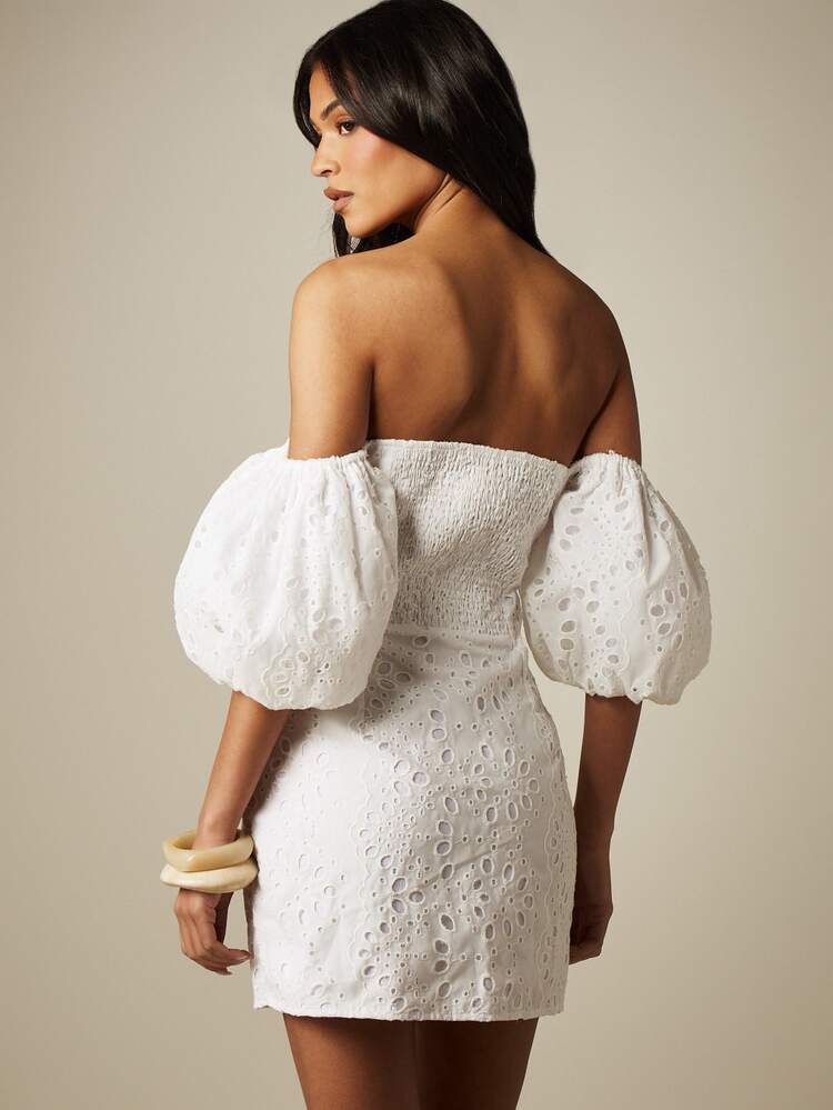 MISSGUIDED Off-Shoulder Broderie Anglaise Mini Dress With Puff Sleeves