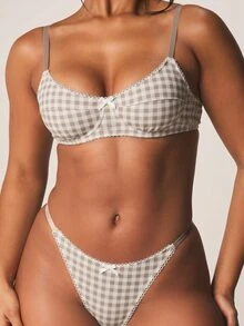 MISSGUIDED Gingham Underwire Bra And Thong Lingerie Set With Scallop Trim And Bow Detail - Beige - View 4