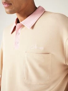 SUMWON Oversized Waffle Knit Polo Shirt With Contrast Pink Collar Chest Pocket And Short Sleeves Summer Casual Top - Khaki - View 6