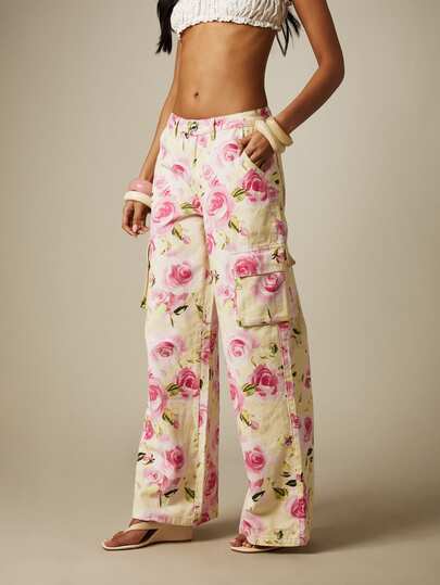 MISSGUIDED Floral Rose Print Wide Leg Cargo Denim Jeans With Utility Pockets Low Rise Summer Festival Pants