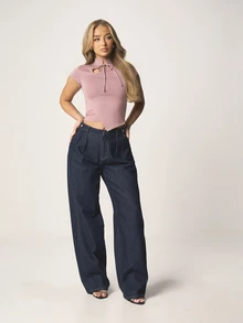 MISSGUIDED 钥匙孔镂空高领露脐短款上衣，系带细节，短袖，不对称下摆，修身夏季上衣 - 粉色 - 查看 4