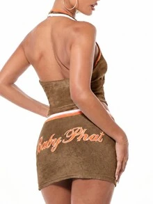 BABYPHAT Towelling Mini Skirt With Cargo Pockets, Drawstring Waist, Contrast Logo Detail, Retro Y2K Style - Chocolate Brown - View 5