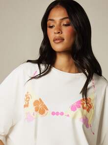 MISSGUIDED Tropical Hibiscus Floral Bikini Print Oversized Crew Neck Short Sleeve T-Shirt Summer Beach Cover Up Top - Multicolor - View 5