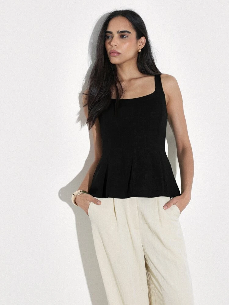 KSTM Sleeveless Peplum Tank Top With Square Neckline Smocked Back Flared Hem Elegant Summer Party Style