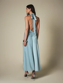 KSTM Halter Neck Backless Satin Maxi Dress With Tie Detail And Open Back For Evening And Formal Occasions - Aqua Blue - View 2