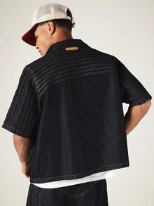 SUMWON Oversized Short Sleeve Seamed Denim Shirt With Camp Collar And Contrast Stitching Detail - Blue - View 2