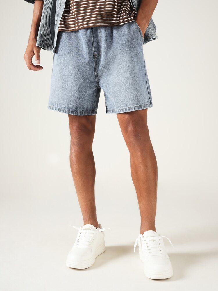 Pull-On Denim Shorts With Elastic Waist Relaxed Fit Washed Jean Shorts For Summer Casual Wear